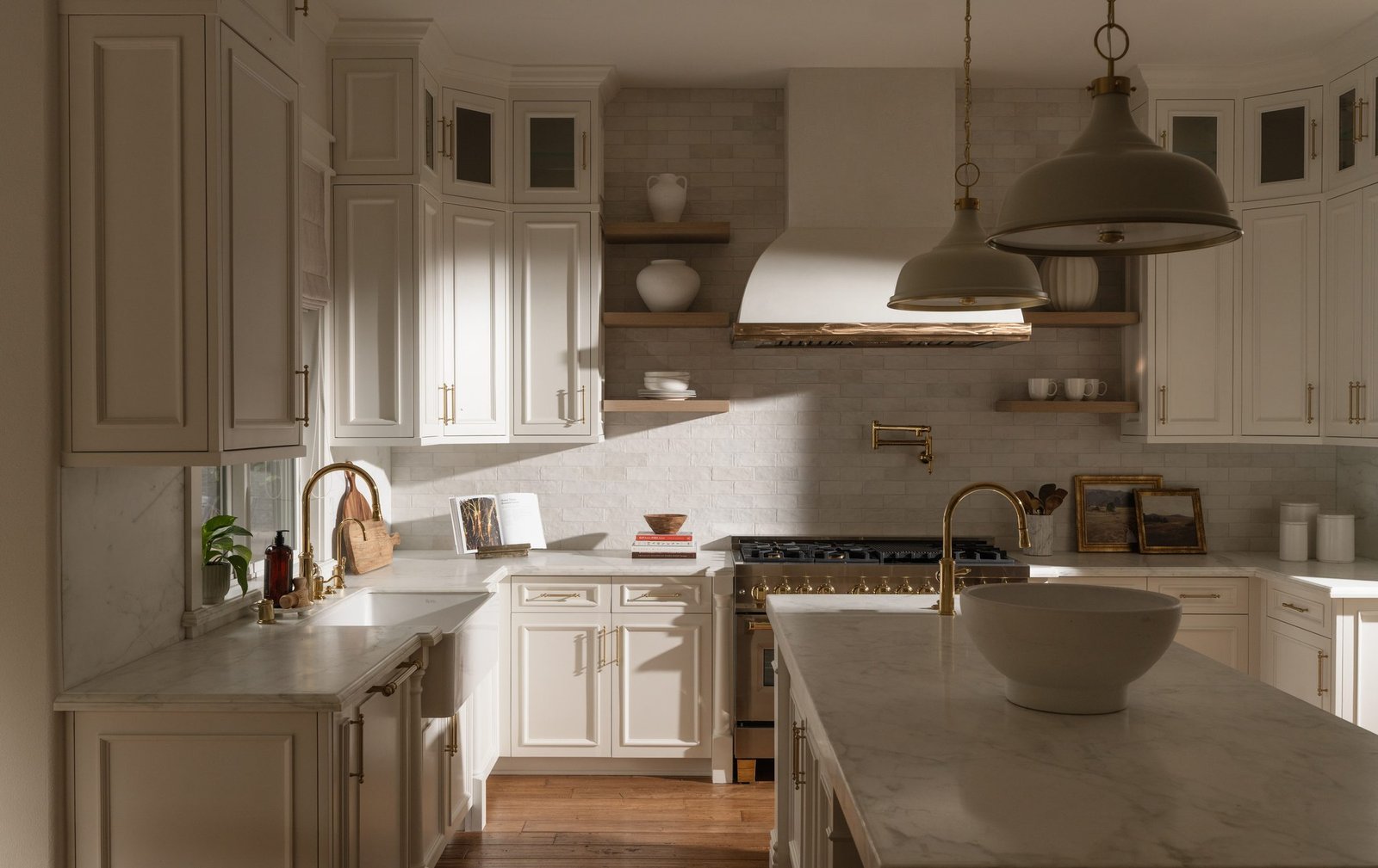 Bright white kitchen with pendant lighting
