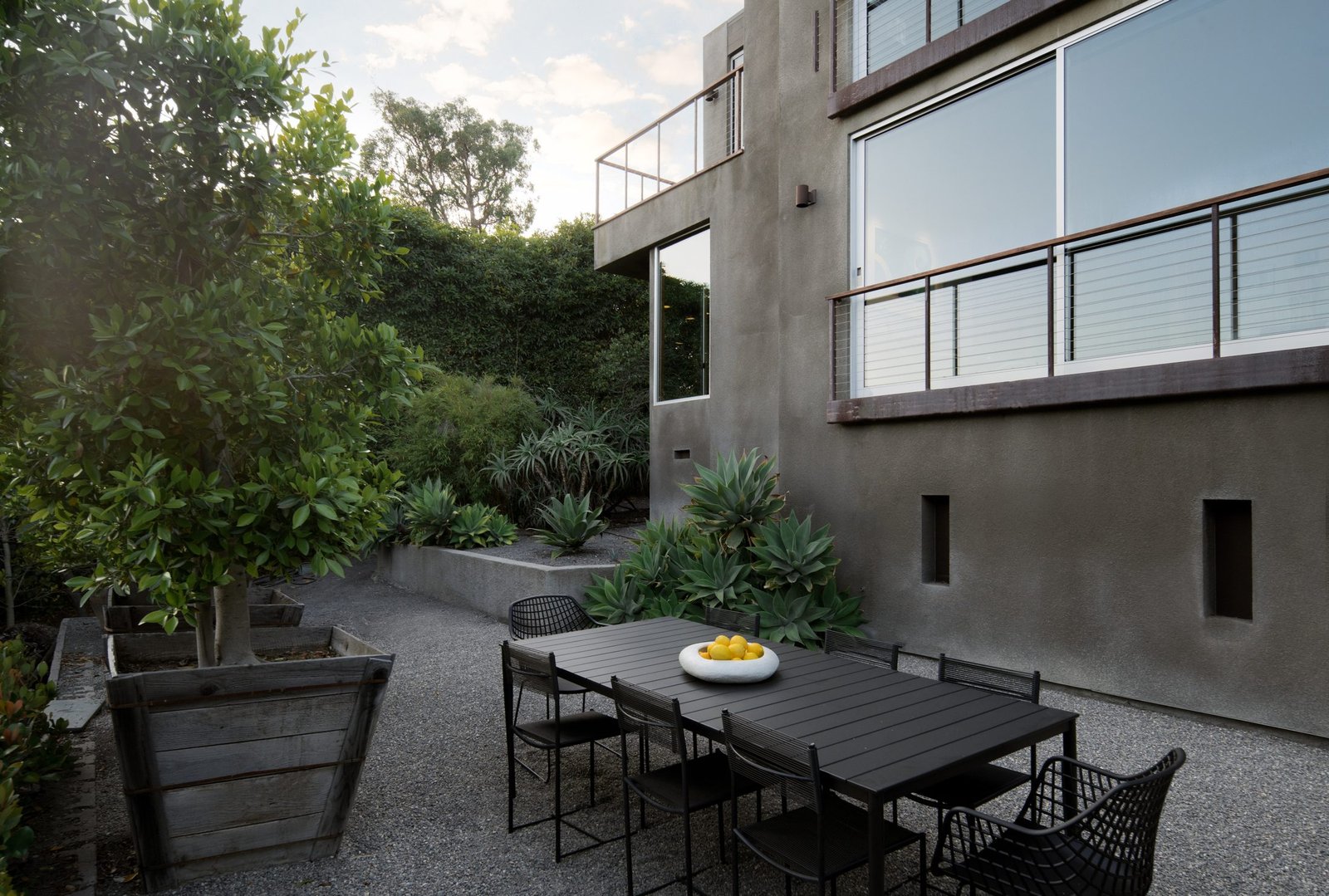 Outdoor patio dining at dusk