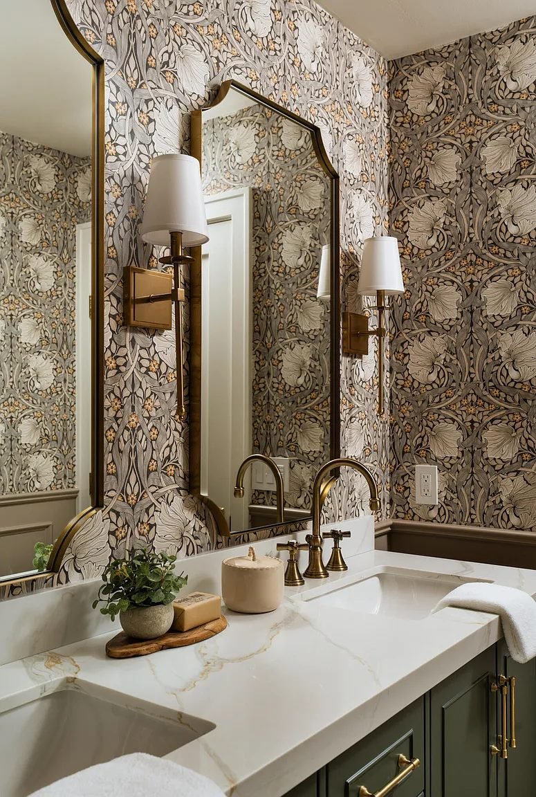 Powder room with patterned wallpaper and a marble sink